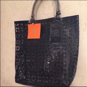 TORY BURCH NAVY PERFORATED WEEKENDER TOTE BAG